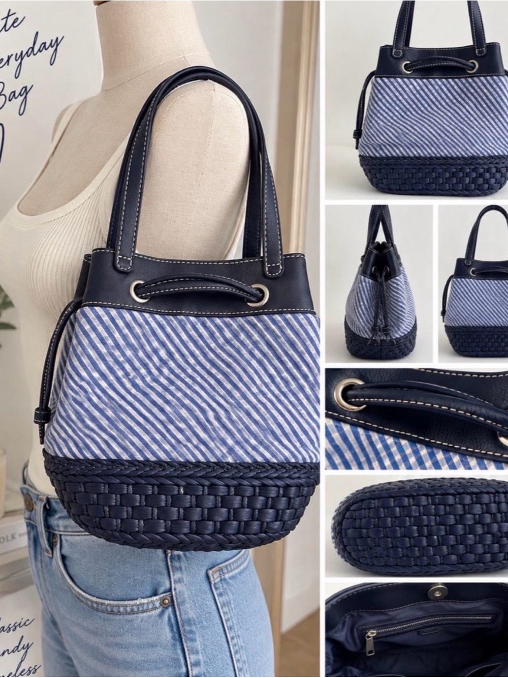 Robert Talbott Navy and White Striped Shoulder Tote